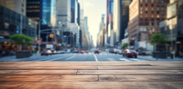 Generatieve AI Leeg houten tafelblad met een wazige achtergrond van een drukke straat in een grote stad
