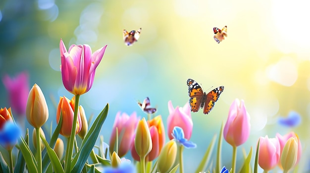 Generatieve AI lente veelkleurige tulpen en vlinders op blauwe bokeh achtergrond lente webbann