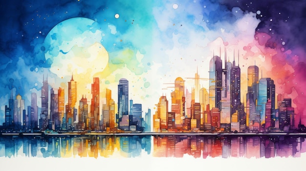 Generatieve AI Levendige stadsgezichten met futuristische skylines aquarelle