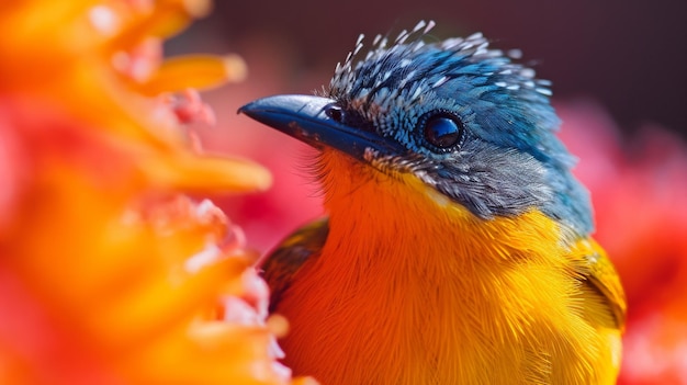 Generatieve AI levendige tinten en een ultra macro-opname van een vogel op een open bloem