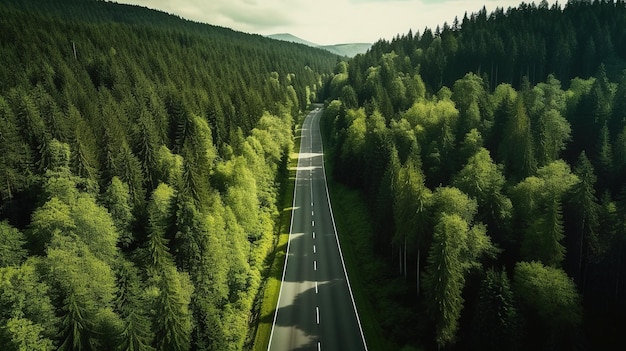 Generatieve AI Luchtfoto van de weg tussen het groene boslandschap