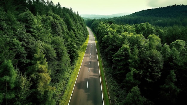 Generatieve AI Luchtfoto van de weg tussen het groene boslandschap