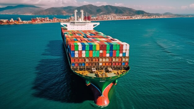 Generatieve AI-luchtfoto van een enorm zwaar beladen containervrachtschip