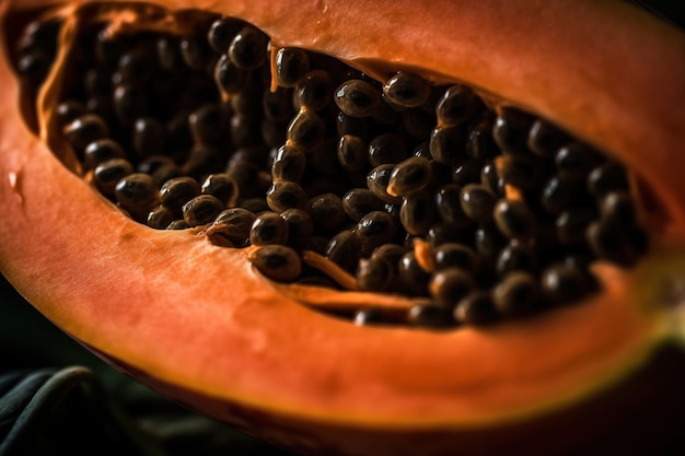 Generatieve AI Macro Verse helft van papaya fruit achtergrond Tropische exotische close-up foto met druppels