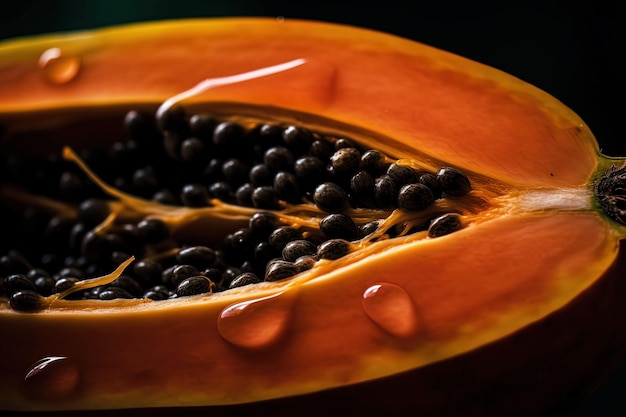 Generatieve AI Macro Verse helft van papaya fruit achtergrond Tropische exotische close-up foto met druppels