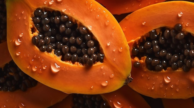 Generatieve AI Macro Verse helft van papaya fruit achtergrond Tropische exotische close-up foto met druppels