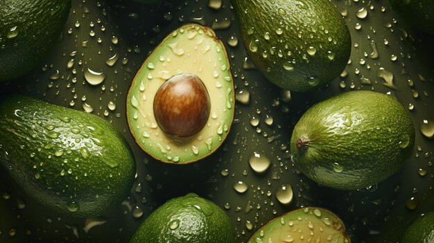 Foto generatieve ai macro verse sappige helft en geheel groene avocado-fruitachtergrond als patroon