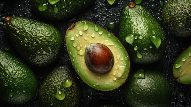 Generatieve AI Macro Verse Sappige helft en geheel groene avocado-fruitachtergrond als patroon