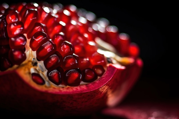 Generatieve AI Macro Verse Sappige helft van granaatappel fruit achtergrond close-up foto