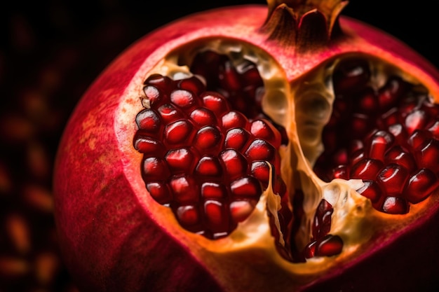 Generatieve AI Macro Verse Sappige helft van granaatappel fruit achtergrond close-up foto