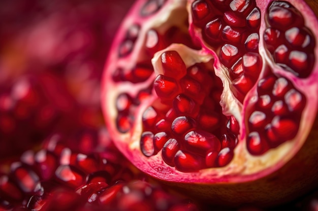 Generatieve ai macro verse sappige helft van granaatappel fruit achtergrond close-up foto