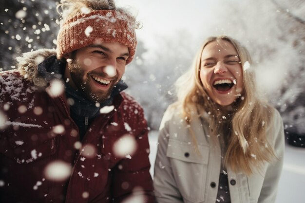 Foto generatieve ai man en vrouw spelen met sneeuw gelukkig stel heeft plezier buitenshuis