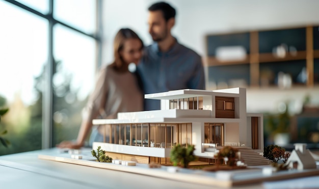 Foto generatieve ai man en vrouw werken aan het ontwerpen en ingenieur architectuur huis 3d huis model