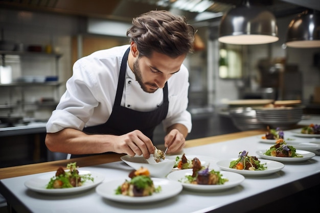 Generatieve AI Mannelijke chef-kok die voedsel in een bord legt terwijl hij in de commerciële keuken werkt