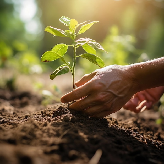 Generatieve ai menselijke handen die de jonge boom planten terwijl ze in de tuin werken