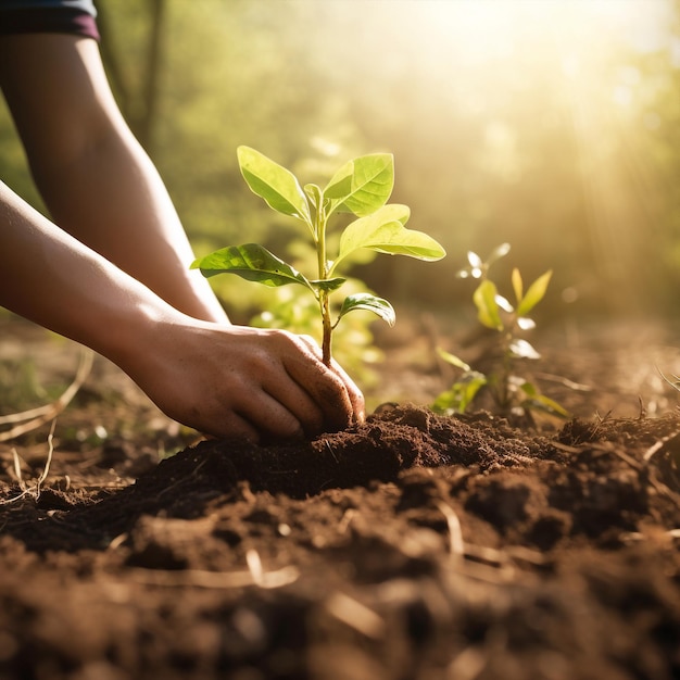 Generatieve ai menselijke handen die de jonge boom planten terwijl ze in de tuin werken