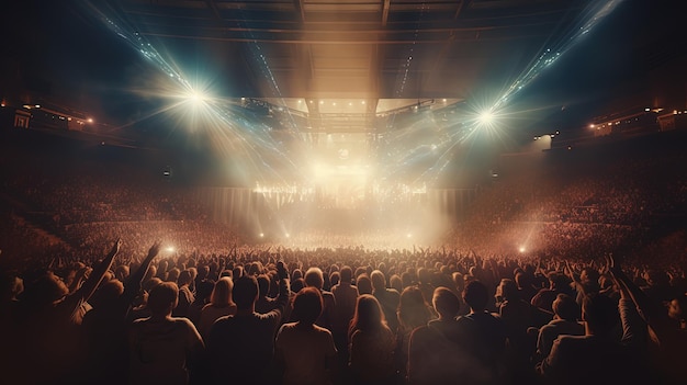Generatieve AI Mensen verdringen zich op muziekrockfestivalconcert in het grote podium van het stadion verlicht door schijnwerpers
