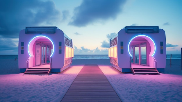 Generatieve AI Miami strandhutten Summer Vibes retro illustratie Vintage roze en blauwe kleuren