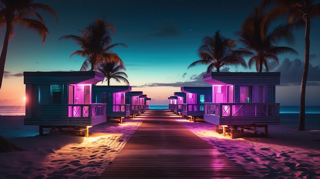 Generatieve AI Miami strandhutten Summer Vibes retro illustratie Vintage roze en blauwe kleuren