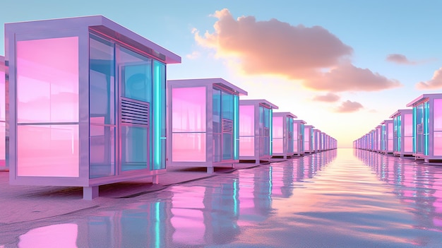Generatieve AI Miami strandhutten Summer Vibes retro illustratie Vintage roze en blauwe kleuren