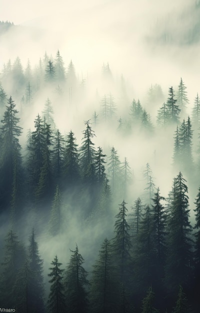 Generatieve AI Misty fir bos prachtig landschap in hipster vintage retro stijl mistige bergen