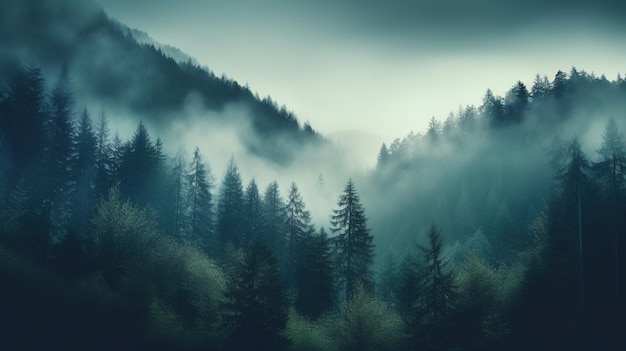 Generatieve AI Misty fir forest mooi landschap in hipster vintage retro stijl mistige bergen