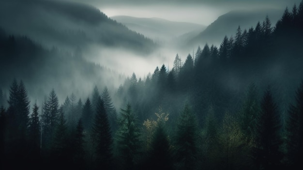 Generatieve AI Misty fir forest mooi landschap in hipster vintage retro stijl mistige bergen