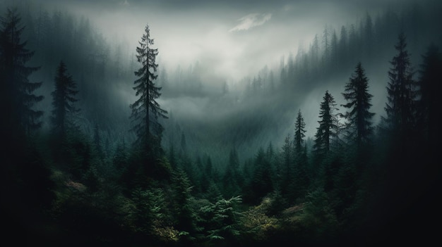 Generatieve AI Misty fir forest mooi landschap in hipster vintage retro stijl mistige bergen