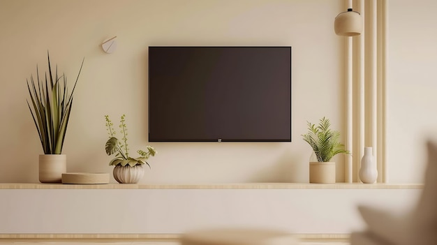 Generatieve AI Mockup een TV-muur gemonteerd met decoratie in de woonkamer
