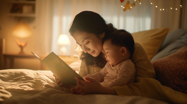 Generatieve AI moeder en baby zoon lezen een boek in bed voor ze gaan slapen