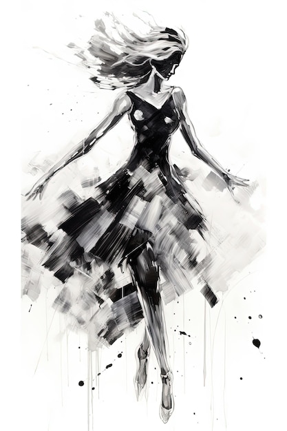 Generatieve AI Mooie dansende vrouw getekend met zwarte inkt of waterverf