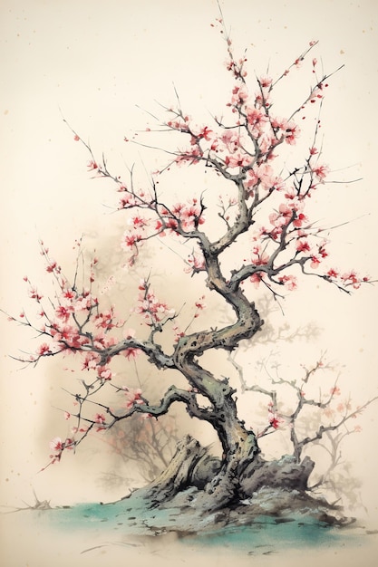 Generatieve AI Mooie Japanse sakuraboomwaterverf die vintage Aziatische poster schildert