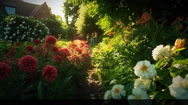 Generatieve AI Mooie zomerse privétuin met veel bloemen en planten natuurlandschap