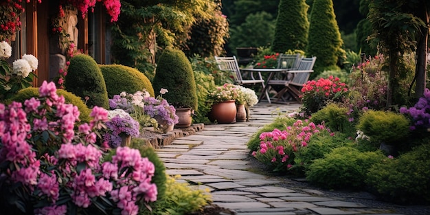 Generatieve AI Mooie zomerse privétuin met veel bloemen en planten natuurlandschap