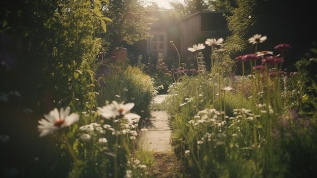 Generatieve AI Mooie zomerse privétuin met veel bloemen en planten natuurlandschap