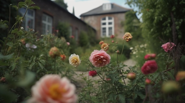 Generatieve AI Mooie zomerse privétuin met veel bloemen en planten natuurlandschap