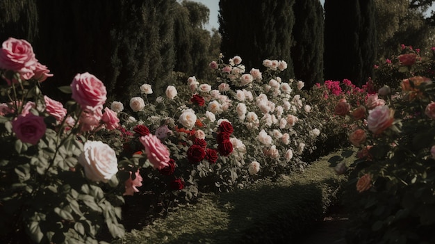 Generatieve AI Mooie zomerse privétuin met veel bloemen en planten natuurlandschap