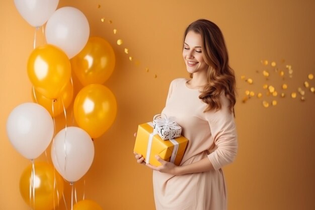 Generatieve AI Mooie zwangere vrouw met babyshowercadeaus dichtbij kleurenmuur