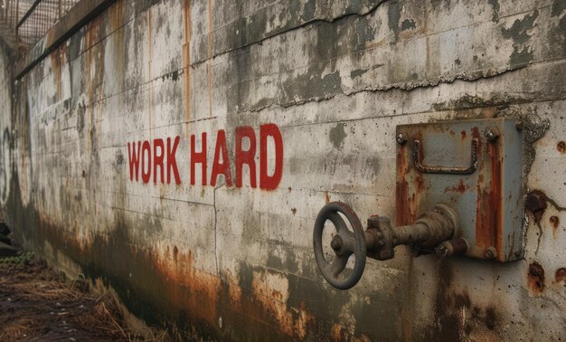 Foto generatieve ai motivatieve woorden werk hard aan de grijze ruwe betonnen oude muur straatkunst