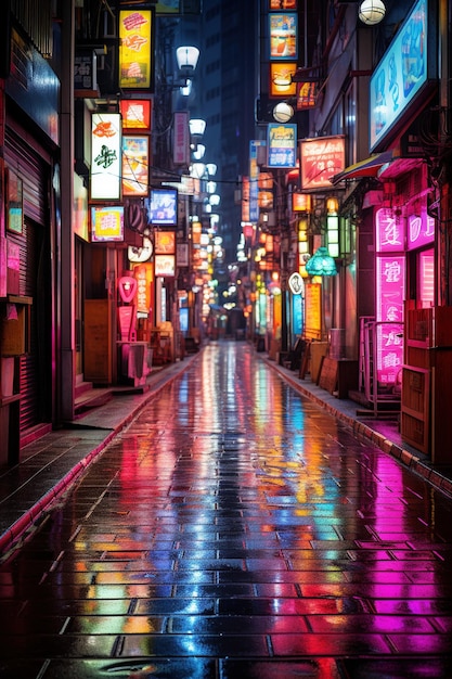Generatieve AI Nacht scène van na de regen stad in cyberpunk stijl futuristische nostalgische jaren 80 90