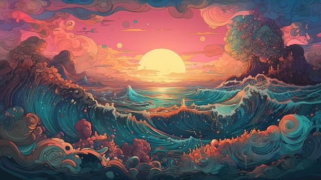 Generatieve AI-oceaan in de zonsondergang lineaire illustratie psychedelische manga-stijl zeer gedetailleerd