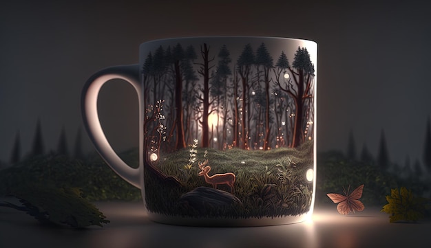 Generatieve AI One Day in Living Elegante koffiemok licht op en staat in het bos Verlichting Beker met bos en vlinder nachtlampje in de jungle Camping concept