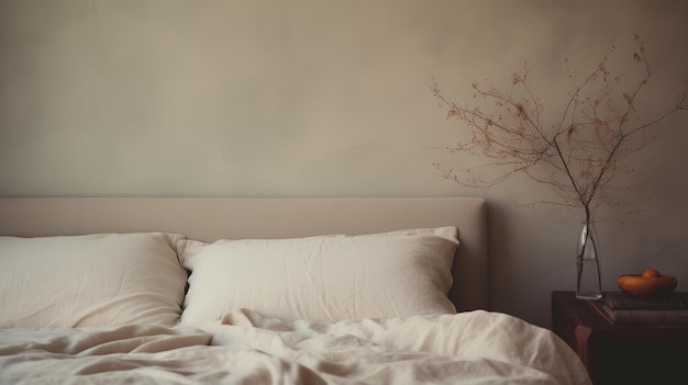 Generatieve AI Ontspannende slaapkamer detail van bed met natuurlijk linnen textureerd beddengoed gedempte neutrale esthetische kleuren