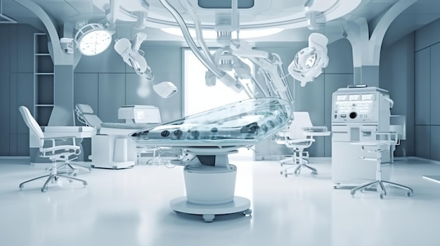 Generatieve AI op een tafel in een futuristisch ziekenhuiscentrum met medische apparatuur