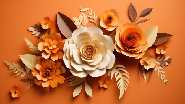 Generatieve AI Papier gesneden ambachtelijke bloemen en bladeren abrikoos crush oranje kleur origami