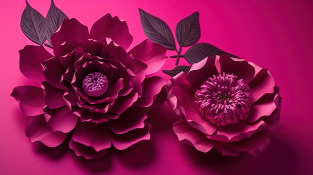 Generatieve AI Papier gesneden ambachtelijke bloemen en bladeren viva magenta kleur bloemen origami