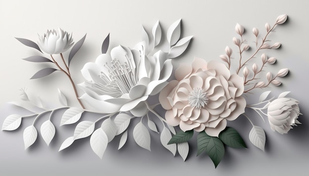 Generatieve AI Papier gesneden ambachtelijke bloemen en bladeren witte kleur bloemen origami gestructureerde achtergrond