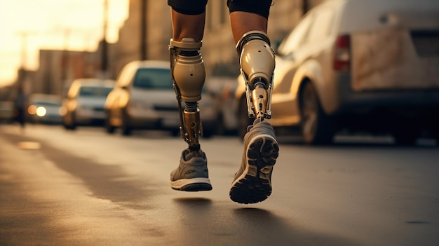 Generatieve AI persoon met een handicap met een prosthetische ledemaat die loopt en geen obstakels voeltx9