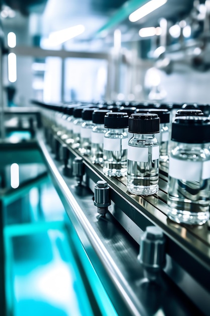 Foto generatieve ai plastic flessen met medicijnen op transportband van aftoppingsmachine in farmaceutische fabrikant