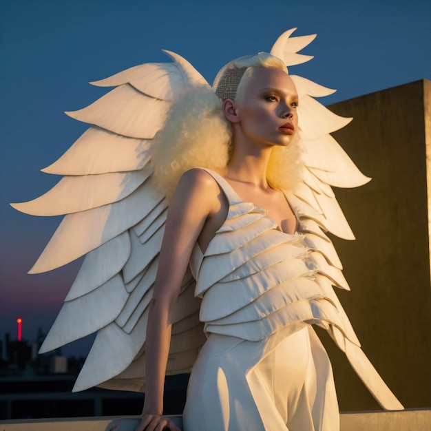 Generatieve ai portret mooie albino vrouw modieuze engel jurk poseren buiten glamoureuze stad